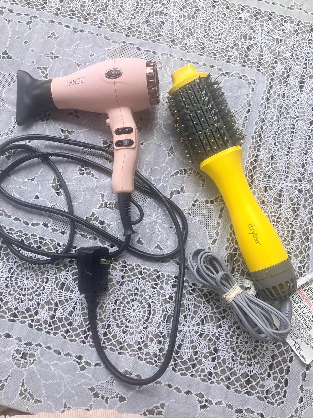 L'Ange Pink Travel Hair Dryer & Yellow Drybar Round Brush Set